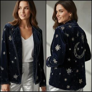 💫Starry Night Embroidered Beaded Moon Navy Blue Velvet Jacket Deadstock